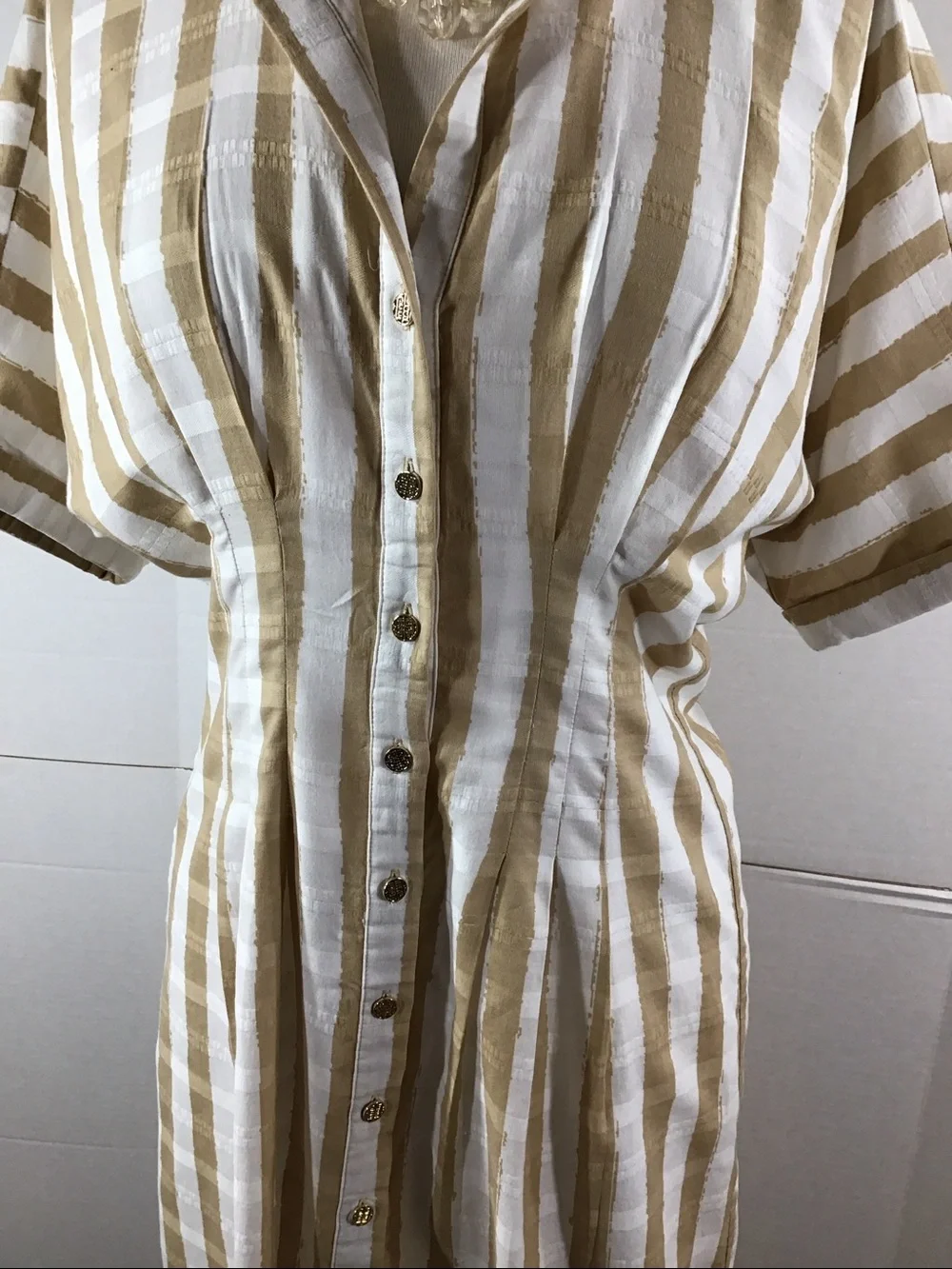 Emily McCarthy Georgia Striped Button-Front Shirt Dress in sand stripe S - Picture 3 of 12